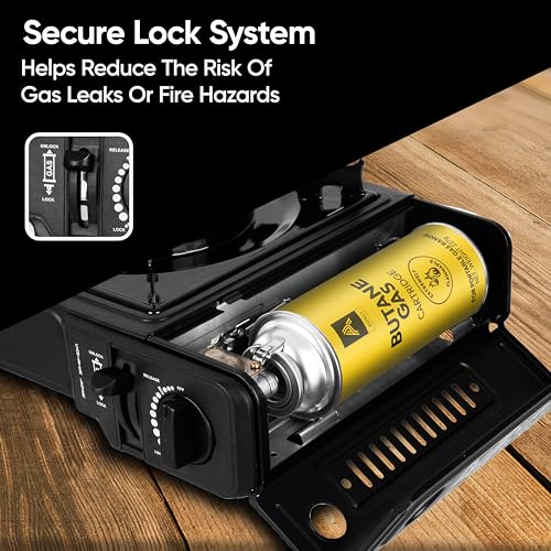 Aspect Camping Stove Portable With 4 Butane Gas Camp Kitchen Equipment Single Burner Outdoor/Indoor - Camping Stove With Automatic Ignition & Heat Control - Cooking Grill, Picnics, Bbq – Black - 7