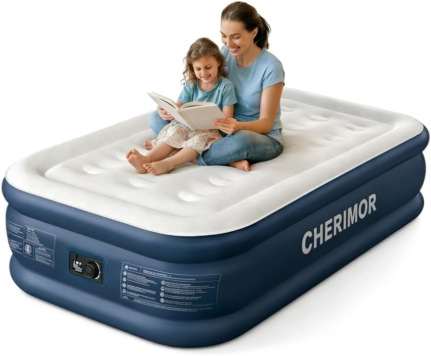 CHERIMOR Twin Air Mattress with Built in Pump, 46 CM Raised Thick Inflatable Bed, 200kg Comfort Support, Inflatable Blow Up Mattress with Carry Bag, Fast Self-Inflating Air Bed for Guest & Home
