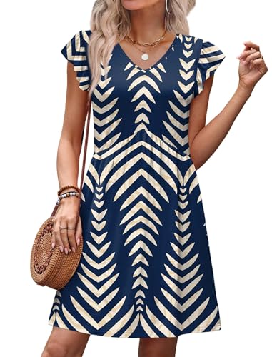 Image of OFEEFAN Summer Dresses for Women Beach Vacation Clothes V Neck Ruffle Sleeve Babydoll Dress Elegant Classy Sundress
