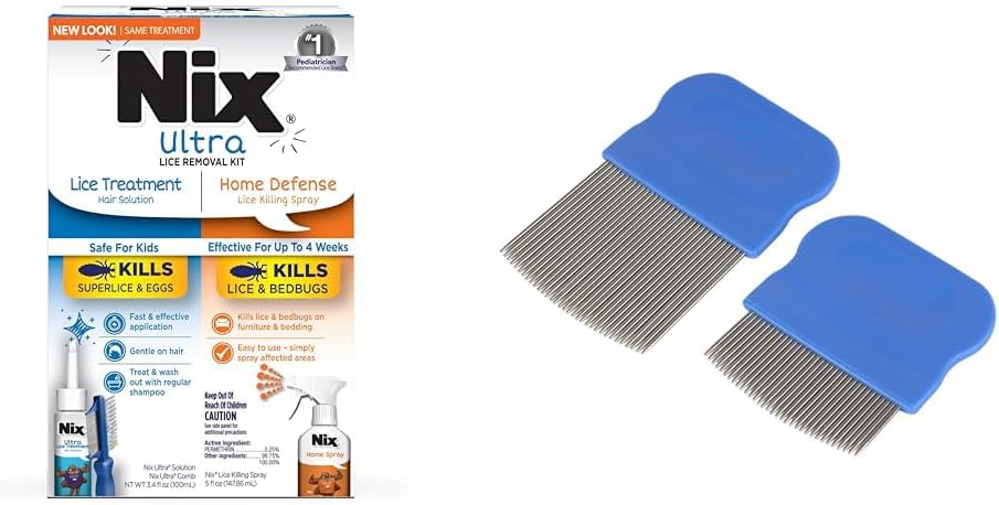 Nix Lice Removal Kit with Hair Solution, Comb, and Spray + Ezy Dose Lice and Eggs Comb for Baby Toddler Adult Pack of 2