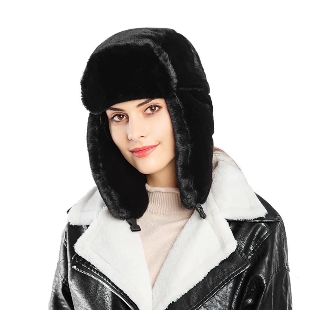 Chapka d’Hiver Chapeau de Trappeur en Fausse Fourrure Femme Chaud Bonnet Aviateur Russe Trooper Ushanka Chapeau de Bombardier avec Oreille Rabat