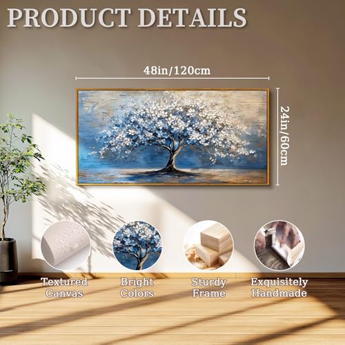 SERIMINO Tree of Life Wall Art, Large Framed Wall Art, Blue Tree Abstract Painting Art Prints, Nature Plant Canvas Art Wall Decor, Modern Neutral Pictures for Living Room Bedroom Office Hotel 24"X48"