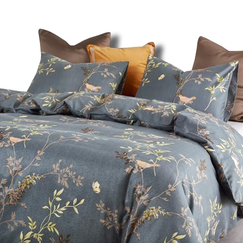 Wake In Cloud - Floral Comforter Set, Birds Flowers Leaves and Branches Pattern Printed for Men Women, Soft Lightweight Bedding, 3 Pieces, Dark Gray, Queen Size