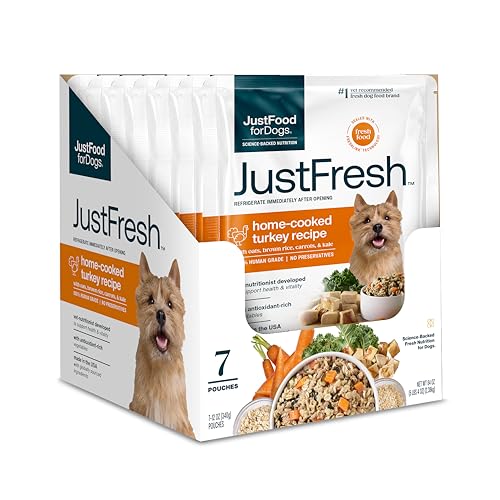 JustFoodForDogs JustFresh Wet Dog Food, Fresh Pet Meals and Toppers with No Preservatives, Resealable Package, Human Grade, Home-Cooked Turkey, 12 oz - 7 Pack
