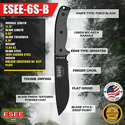 Esee Knives 6P Fixed Blade Knife W/Molded Polymer Sheath (Black Blade/Serrated Edge/Black Sheath) #TOP1
