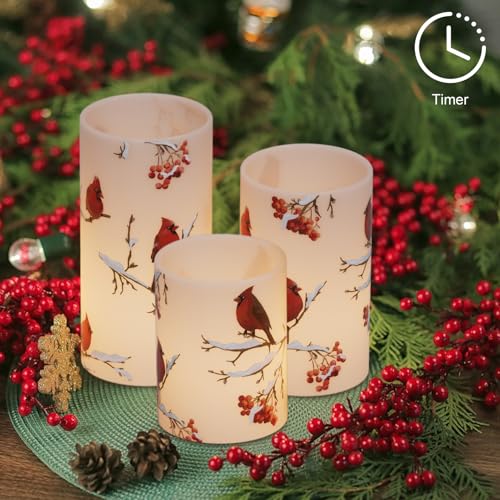 Image of GenSwin Red Bird Flameless Candles with Timer, LED Candles with 3D Wick, Real Wax Pillar Candles for Halloween Christmas Indoor Decorations(D3 inch x H4 inch5 inch6 inch)
