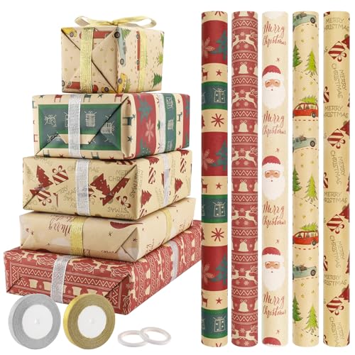 Foydream 5 Rollen Weihnachts-Kraftgeschenkpapier 43 cm x 300 cm Recycelbares Weihnachtsgeschenkpapier mit Druck von Santa Claus und Elch für Weihnachten Weihnachten Geburtstag Geschenkverpackung