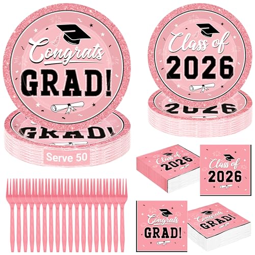 Image of QZYL 200Pcs Pink Graduation Supplies Set, Grad Plates, Napkins, Dessert Plates and Plastic Forks for 50 Guests, Disposable Graduation Party Supplies, Grad tableware for 2026 School Ceremony