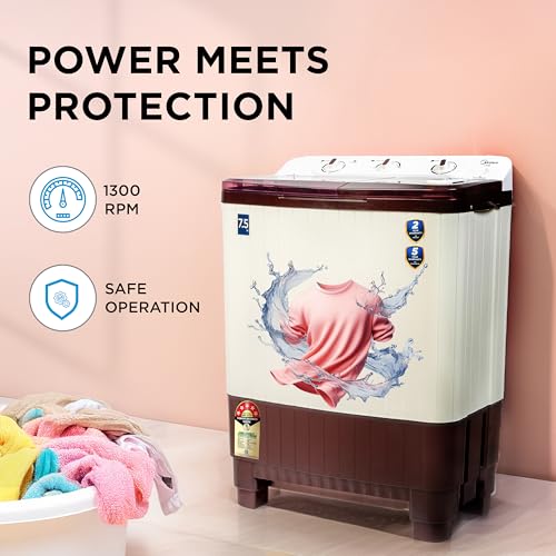 Image of Midea 7.5 kg 5 star Semi Automatic Top Loading Washing Machine, Maroon, Rust proof Body, Air Dry Function (MWMSA075PPG(MW), Rat Away Feature)