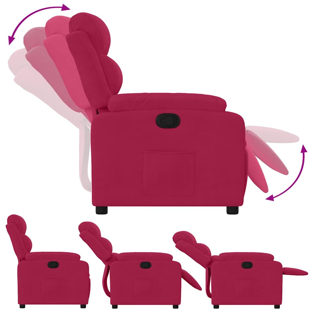 Fauteuil de relaxation en velours rouge vin avec fonction de couchage manuelle, cadre en bois et métal, 75 x 92,5 x 100 cm, confortable pour salon et jardin