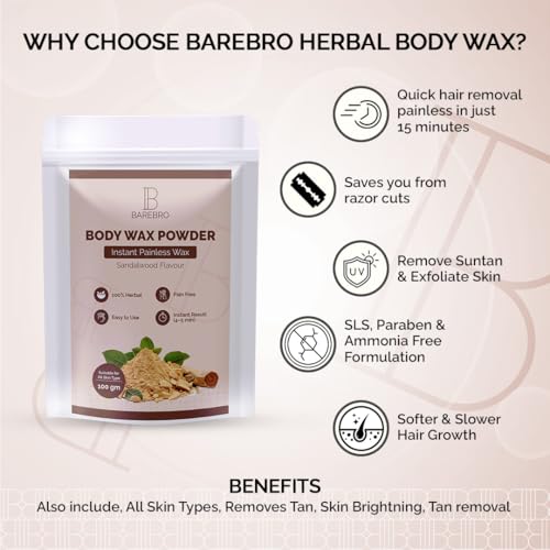 Image of Sandalwood Hair Removal Wax Powder for Women & Men | Professional & Painless Herbal Wax Powder with Natural Ingredients for All Skin Types | Quick, Easy to Apply Hair Removal for Smooth Skin with No Irritation or Skin Rashes 100 Gms