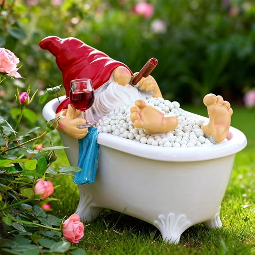 Toncoke Funny Garden Gnomes for Outdoor 7 Inch Gnomes Decorations for Yard with Bathtub & Wine Glass Gnome Garden Decor for Home Patio Lawn Gnomes Gifts for Women Spring Summer Christmas Halloween