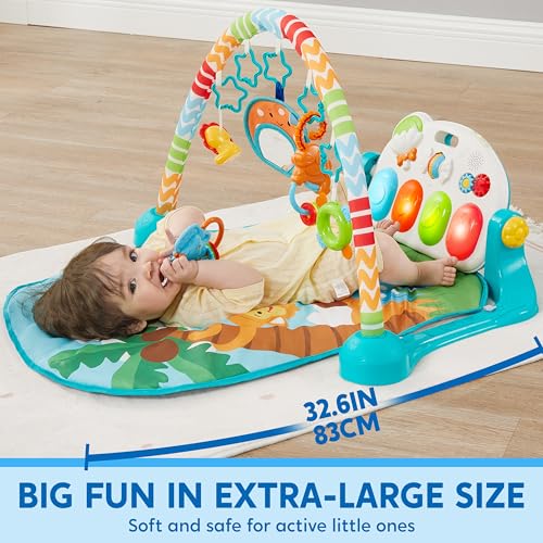 SYNCFUN Baby Play Mat, Tummy Time Mat Toys, Baby Musical Learning Toys 0-6 Months, Adorable Animal-Themed Play Gym with Piano Panel, Newborn Gifts for 0-3 6 9 12 Months