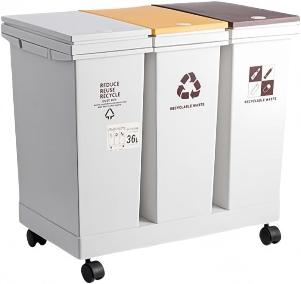 Trash Can Separate with Roller, Lid, Large Capacity, 6.4 gal (24 L) / 36 L / 40 L / 60 L), Separate Design, No Space, Integral Molding, Strong Load Capacity, Dry and Wet Separation, Stain