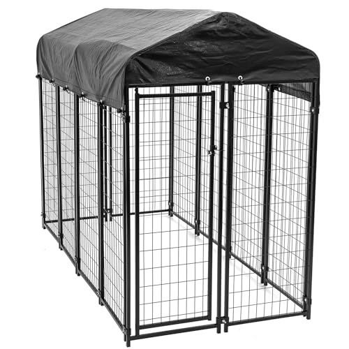 Lucky Dog 8' x 4' x 6' Large Outdoor Steel Frame Kennel and Playpen Enclosure with Black Canopy, Uptown Series - Heavy-Duty Pet Shed for Home and Yard - Protection from Sun, Snow, and Rain