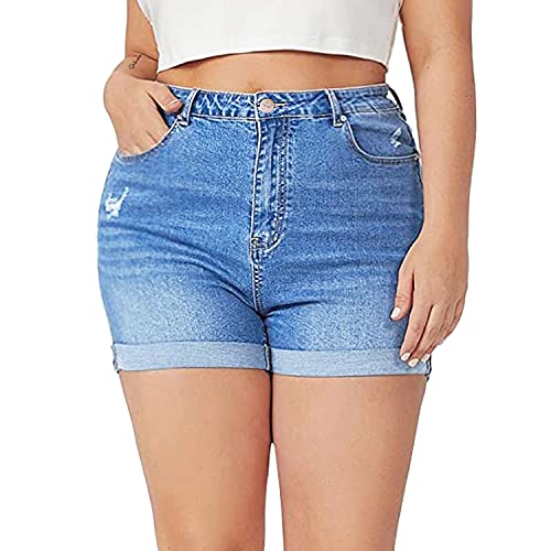 Tulucky Women Plus Size Jean Shorts High Waist Cute Distressed Ripped Folded Hem Denim Shorts2