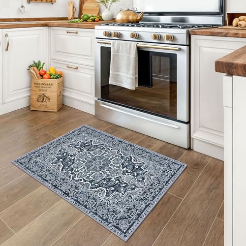 KUTA Vintage Small Area Rug 2x3 Navy Blue Washable Entryway Rugs Non-Slip Ultra Soft Modern Floral Doormat Printed Retro Distressed Carpet Accent Farmhouse Kitchen Throw
