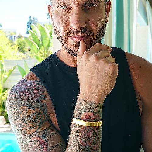 14K Gold Cuff Bracelet Bangle For Men, 7.5" Inner Circ. Polished Finish Cuff, Gold Plated Stainless Steel Metal Bangle Bracelet with Buckle4