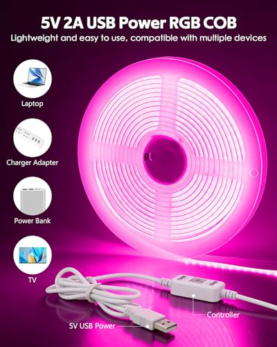 Image of 5V USB COB RGB LED Light Strip With Remote 576LED /M 4.92FT Rope Lights 1.5M