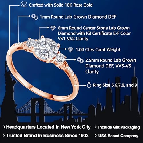 Gem Stone King 10K Rose Gold Lab Grown Diamond Engagement Ring For Women | 0.90 Cttw | Round 6MM | Gemstone April Birthstone | DEF Color | VVS-VS Clarity | Available in Size 5,6,7,8,92
