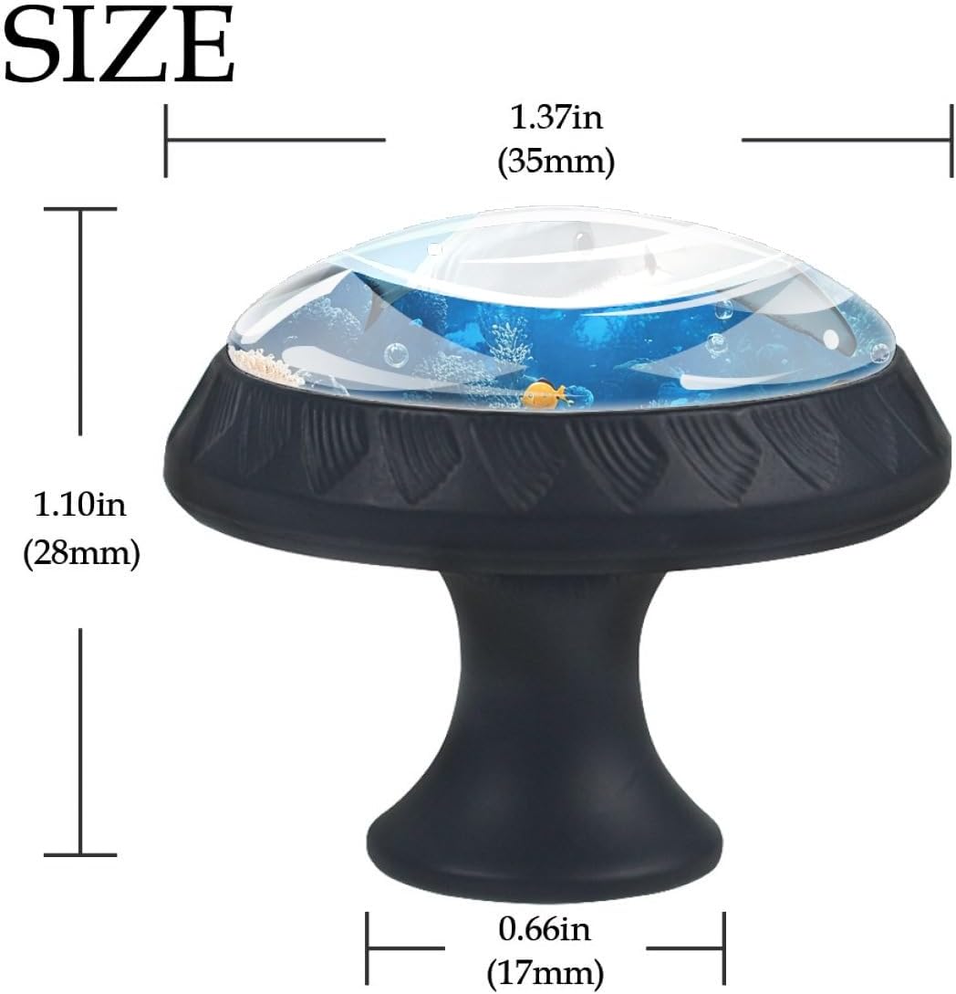 4 Pack Decorative Cabinet Knobs, Ocean Shark Black Round Drawer Pulls with Screws, Glass ABS Single Hole Dresser Pulls Handles for Kitchen Bathroom Bedroom Hardware 35mm