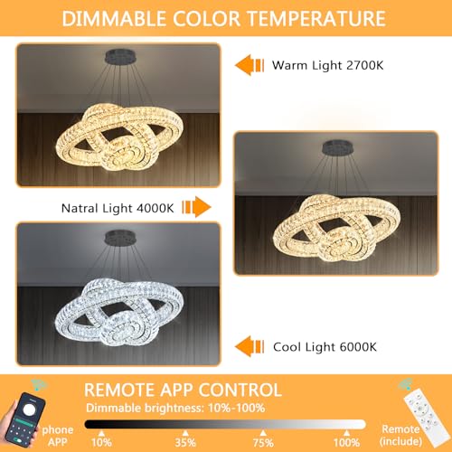 AFQEJG 3 Ring Modern Crystal Chandelier Dimmable Ring Pendant Light Round Crystal High Ceiling Chandeliers for Living Room Dining Room Bedroom Black — view 3