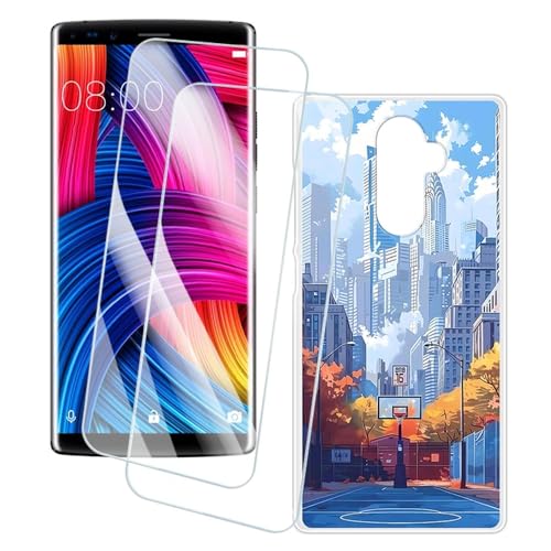 OAGELIM 2er Pack Bildschirm Schutzfolie + Hülle Kompatibel mit Doogee Mix 2 (5.99 Zoll) Künstlerisch Bedruckte Hülle & Gehärtetes Glas Kratzfest (Stadt)