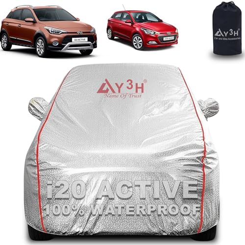Image of 100% Waterproof Car Cover Compatible with Hyundai I20 Active | All Weather, Dust Proof, UV Protective with Mirror Pocket (Silver Magic)