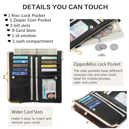 Image of Vintage Wallets for Women Large Bifold Kiss Lock Wallet for Women Leather Zip Clutch Coin Purse