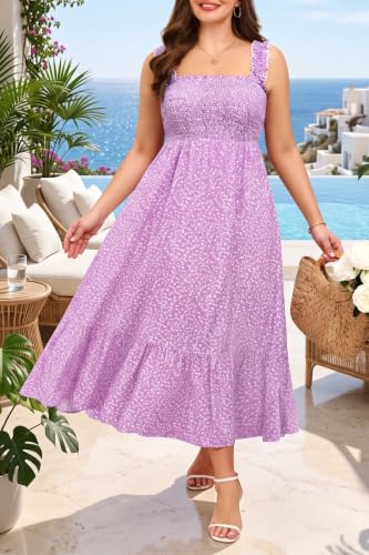 Image of Pinup Fashion Plus Size Summer Floral Sundress Smocked Casual Long Dress | Square neck, elastic ruffled straps, high waist A-line, tiered hem, perfect for beach vacation holiday Hawaiian wedding guest