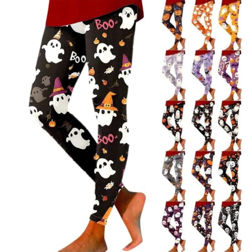 Halloween Pajama Pants Halloween Leggings for Women Pumpkin Skeleton Witch Ghost Printed Tights High Waisted Soft Stretchy Yoga Pants(04_Purple Large)