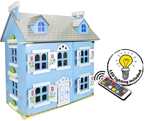 Leomark Dream House Casa de Muñecas de Madera con muñecas - Color Azul - Villa (60 cm - altura), Equipo Completo, Excelente Calidad, Accesorios adicionales + LED + control remoto