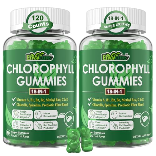 Chlorophyll Gummies Super Green 18-IN-1 with Organic Chlorella Spirulina Wheat Grass Magnesium Prebiotic Fiber for Internal Deodorant* Comfort Digestion Metabolism Immune Fresh Body Odor 2Packs