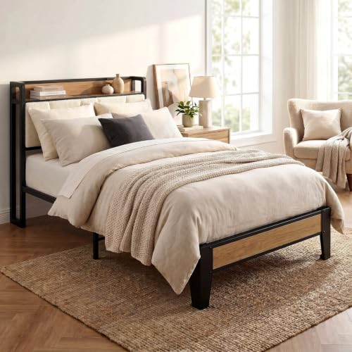 Image of LIKIMIO Twin Bed Frames, Storage Headboard with Charging Station, Solid and Stable, Noise Free, No Box Spring Needed, Easy Assembly, Wood and Cream