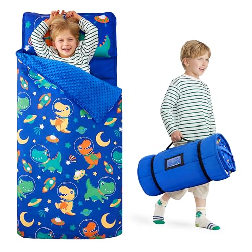 Image of JOIEDOMI Toddler Sleeping Bag for Kids 55''x30'' Nap Mat with Removable Pillow and Minky Blanket for Toddler Ages 3-7 Roll Up Soft Kids Sleeping Bag for Boys Girls Kindergarten Daycare Sleepover