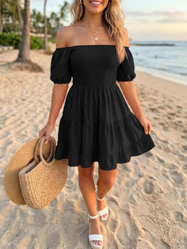 Image of Wenrine Womens Puff Sleeve Babydoll Dress Summer Floral Square Neck Smocked Casual Off Shoulder Ruffle Boho Mini Dresses