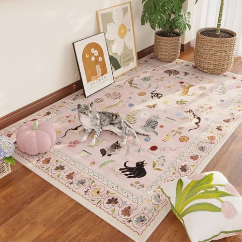 Area Rug 4x6 Rug Washable Boho Rugs Non Slip Low Pile Floral Animal Cat Small Carpet for Bedroom Bedside Kids Room Office Dining Room, Pink