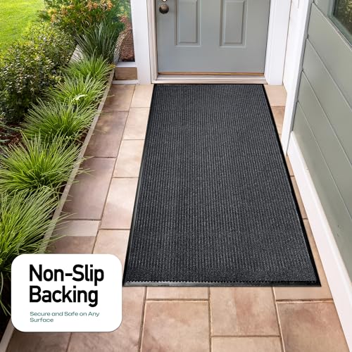 Image of Durable Rubber Door Mat - Heavy Duty, Indoor /Outdoor, Easy Clean, Waterproof, Low-Profile Mat for Entry, Patio, Garage - Stylish (Charcoal, 16' x 3' (Mud Trapper))