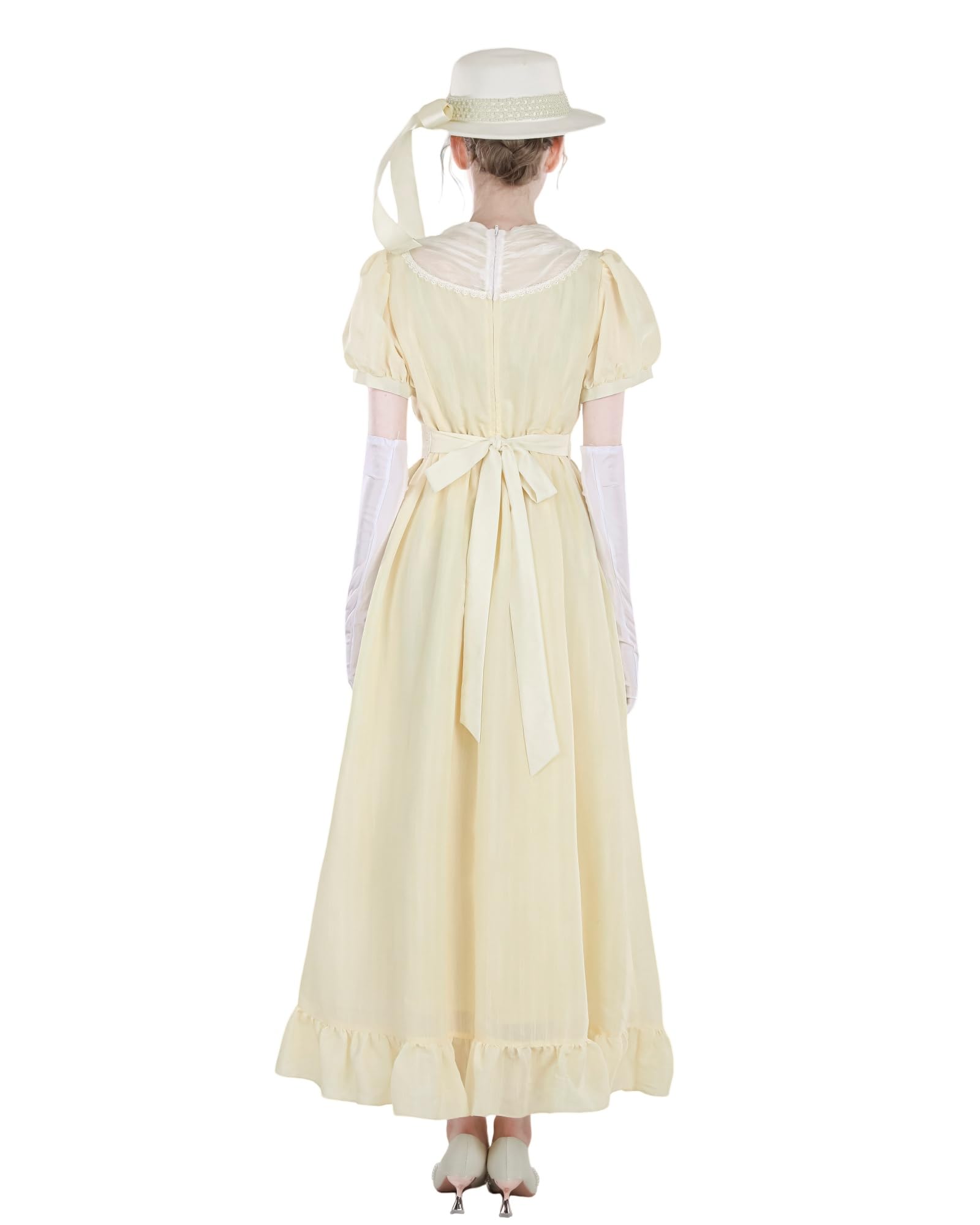 Regency - Vestido de verano para mujer, estilo imperio, con cinturón y broche en el pecho, para cosplay, con guantes