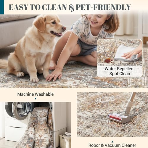 Madane Hallway Runner 3x14 - Runner Rugs 14ft Washable Entryway Rug Vintage Kitchen Runners Non Slip Indoor Area Rug Farmhouse Carpet Runner for Bathroom Living Room Bedroom, Turmeric/Grey