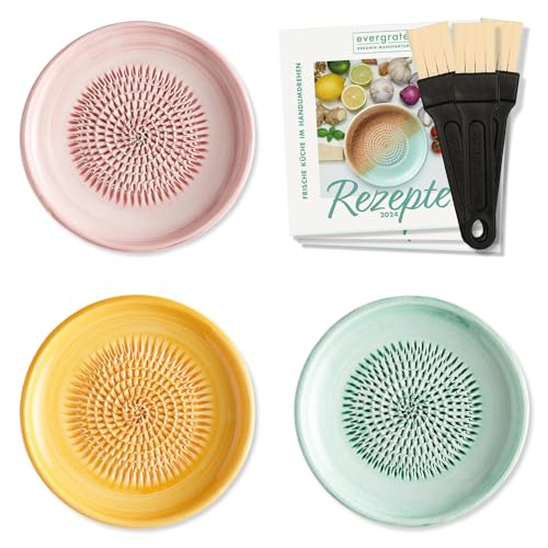 evergrate Keramikreibe 3er Verschenkset - Rosé, Sonnengelb, Mint mit Küchenpinseln und Rezeptheften