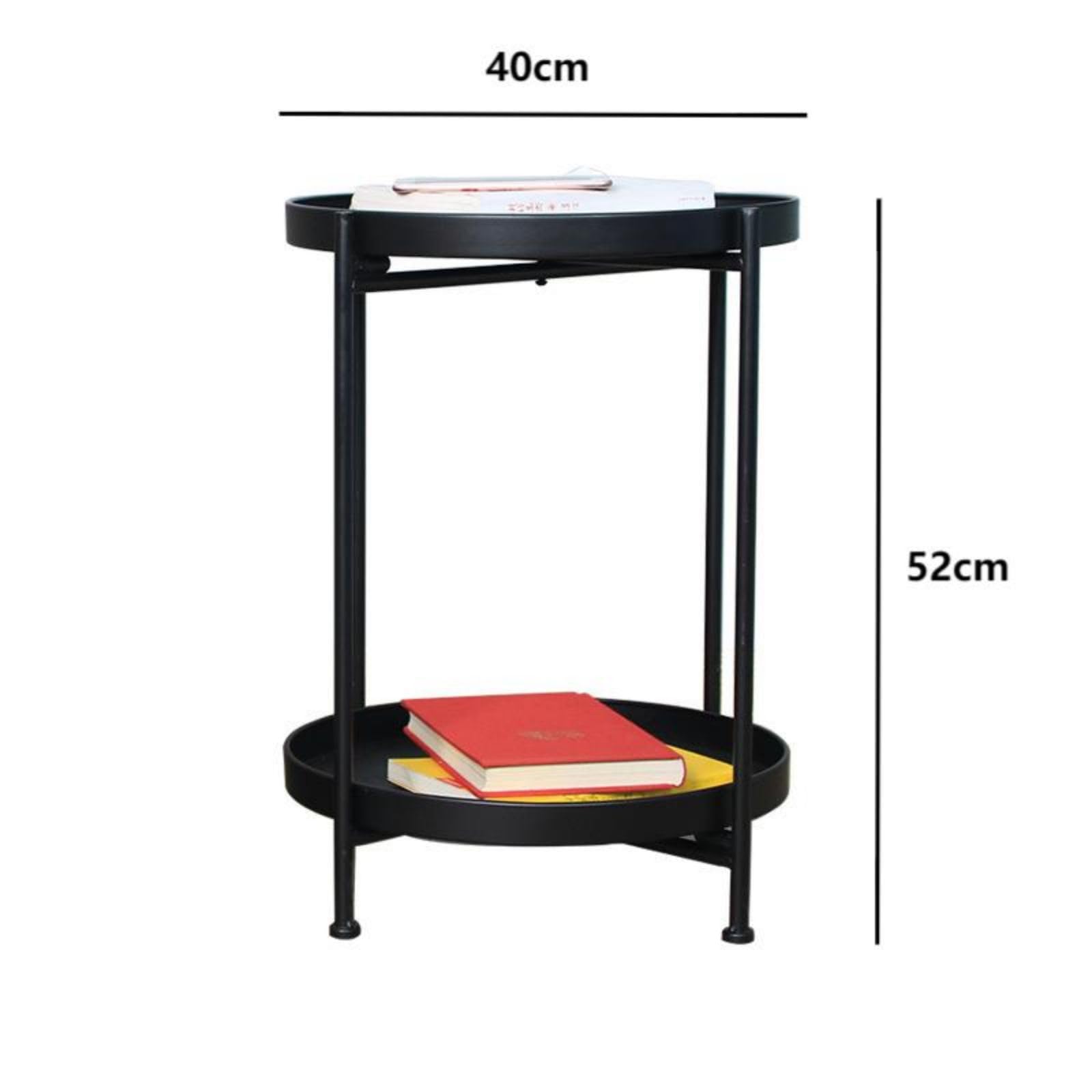 Tavolino Rotondo Moderno In Metallo Con 2 Ripiani - Dimensioni 36x51.5 Cm, Pieghevole, Per Soggiorno, Camera, Balcone (Nero)
