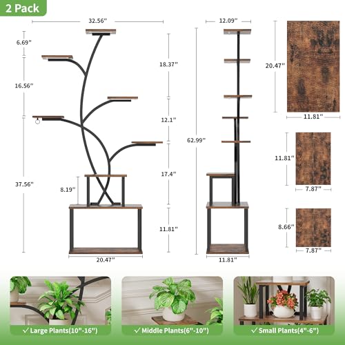 Image of Plant Stand Indoor with Grow Lights - Large Plant Shelf Indoor, 63 inch 8 Tier Tall Plant Stands for Multiple Plants, 2 Pack Lighted Corner Flower Shelf, Tree-Shaped Metal Holder for Living Room, Black