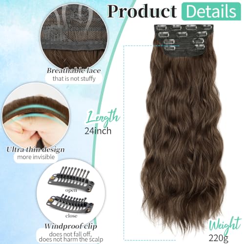 Image of KooKaStyle Wavy Thick Clip in Hair Extensions 24 inch Chocolate Brown | Natural Volume & Seamless, 4 Pieces Clip in Extensions,Fiber Double Weft Hairpieces,Long Wave Synthetic Hairpiece for Women