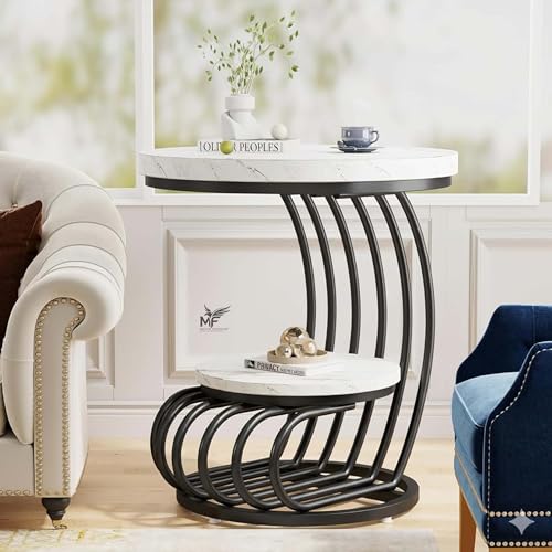 Image of MELVON End Table /Side Table with White Marble Look Engineered Wood Top & Black Metal Frame, 2 Tier Storage for Living Room, Bedroom & Bedside | Black & White