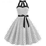 ONLY CHARM Damen Neckholder Kleider, Elegant Vintage Retro Cocktailkleid 1950er Rockabilly Petticoat Faltenrock Festliche Kleider, Weiß,L