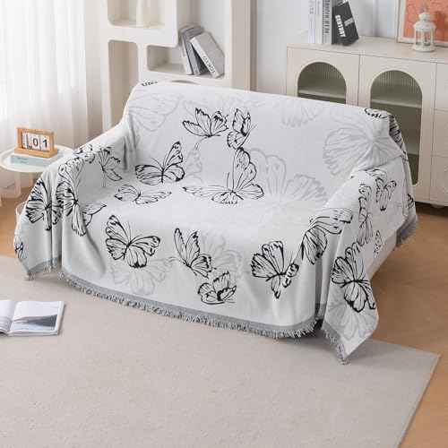 Image of HOKIPO Printed 320 GSM Chenille Sofa Cover Throw Blanket for 2 Seater Sofa - All Season, 'Serene Abode Series' Monochrome Butterfly (180x250 cm) (AR-6632-D8)