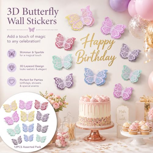 Image of Wanna Party Pastel Iridescent 3D Butterfly Wall Stickers - Pack of 12 | Glitter Butterfly Cutouts for Birthday Party Decoration, Baby Shower, Kids Room, Nursery, Craft & Photo Backdrop Decor