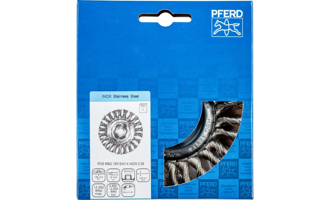 Pferd Cepillo de Alambre Redondo 125 millimeters, Ancho 12 millimeters, Alambre Trenzado Inox 0,35, Rosca M14 x 2