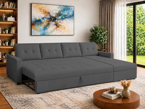 Image of Emilio 6 Seater RHS L - Shape Pull-Out Sofa Cum Bed Sofa for Living Room (Black Fabric Color) Premium Fabric Sofa Set for Living Room Sofa Cum Bed